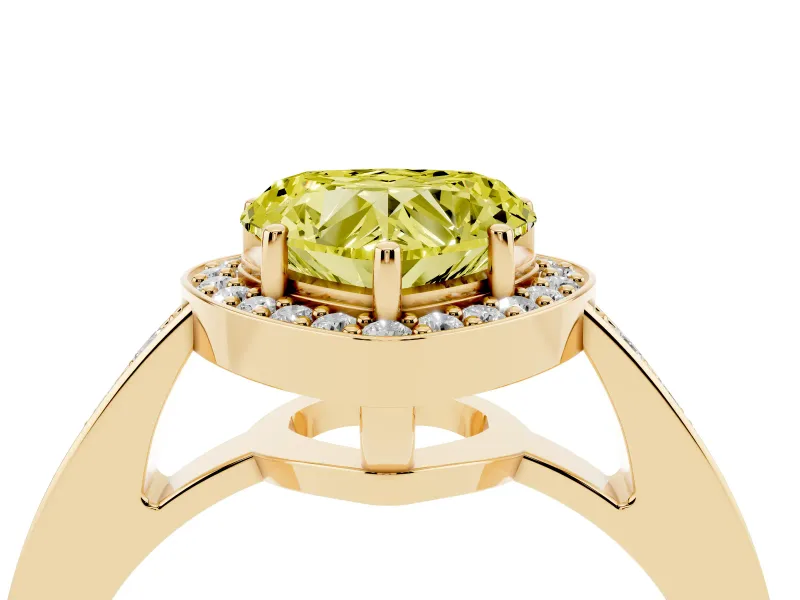 Fancy Yellow Heart Cut Diamond Halo Pavé Engagement Ring Set in Yellow gold with Bezel Setting