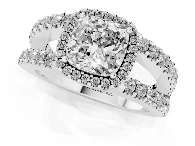 Cushion Cut Halo Split Shank Engagement Ring Setting | Pavé Strands | Sterling Silver