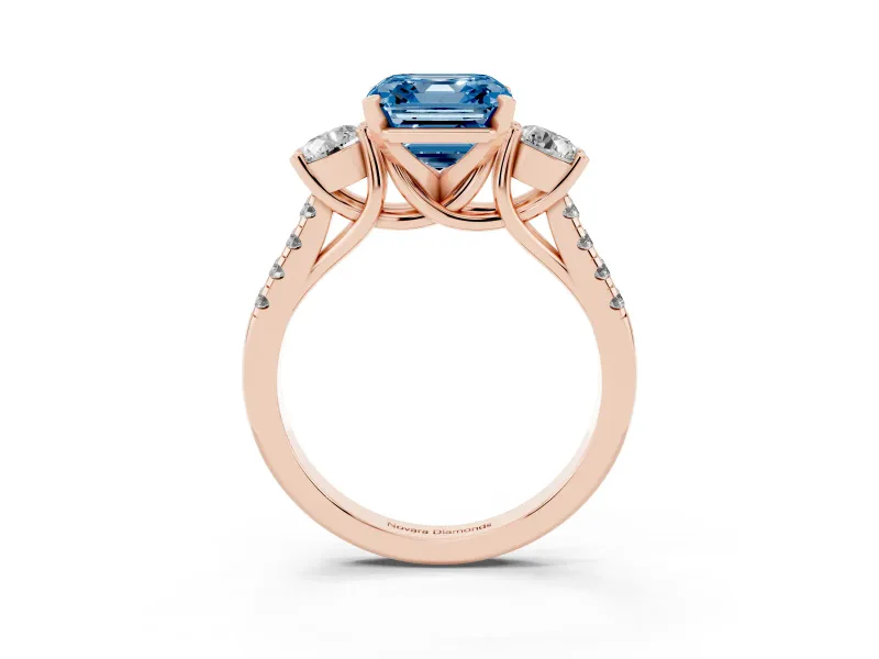 Asscher Cut Three-Stone Engagement Ring Setting for a Fancy Blue Lab-Grown Diamond | Rose Gold