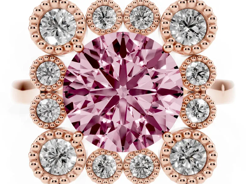 Round Milgrain Cluster Halo Engagement Ring Setting for a Fancy Pink Lab-Grown Diamond | Plain Band | Rose Gold