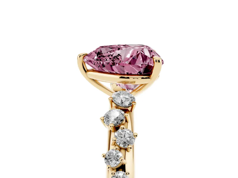 Fancy Pink Heart Cut Diamond Cluster Solitaire Ring Set in Yellow gold with Prong Setting