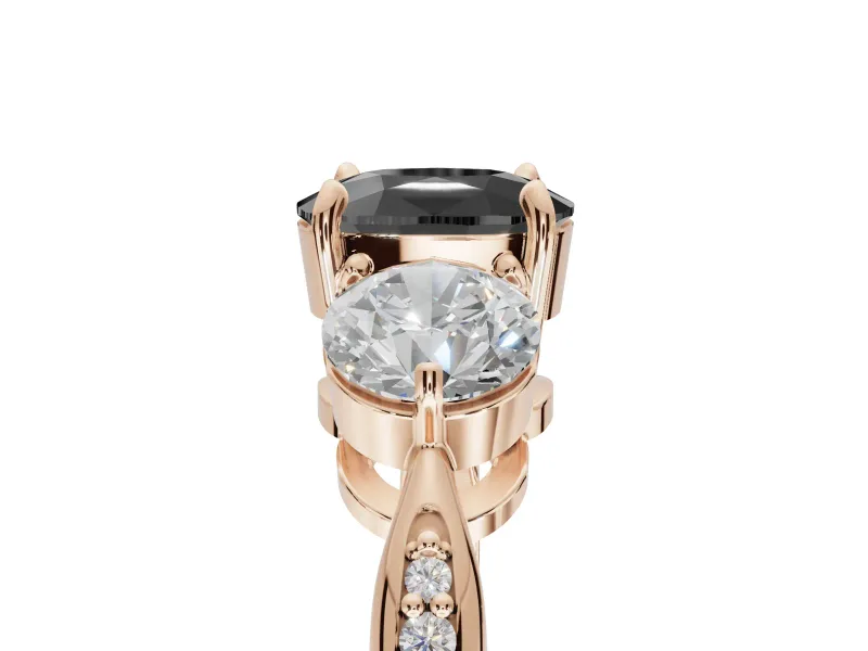 Fancy Black Cushion Cut Lab-Grown Diamond Three-Stone Ring Set in Rose Gold with Channel-Set Band and Prong Setting