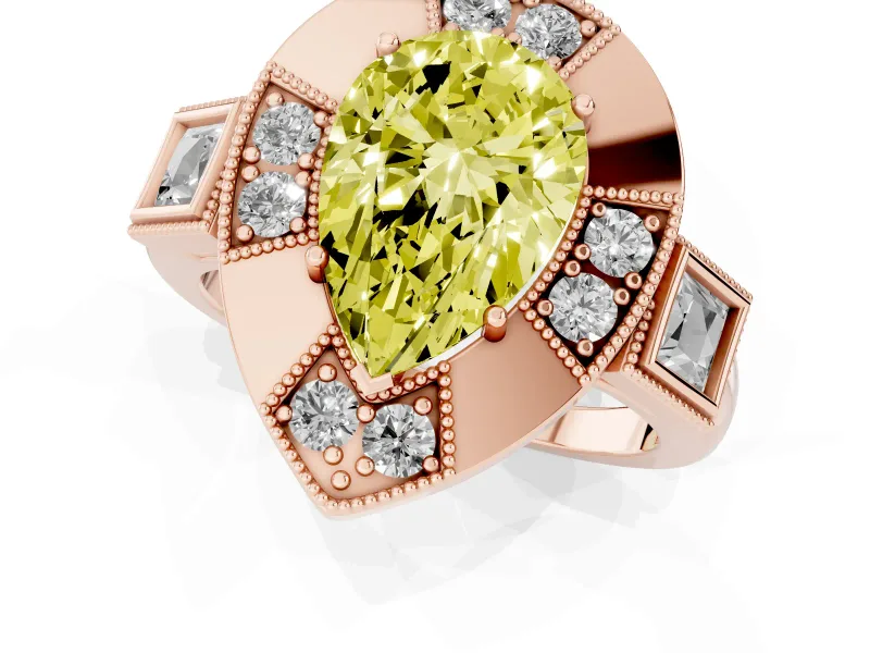 Fancy Yellow Pear Cut Diamond Milgrain Halo Ring Set in Rose gold with Split Shank