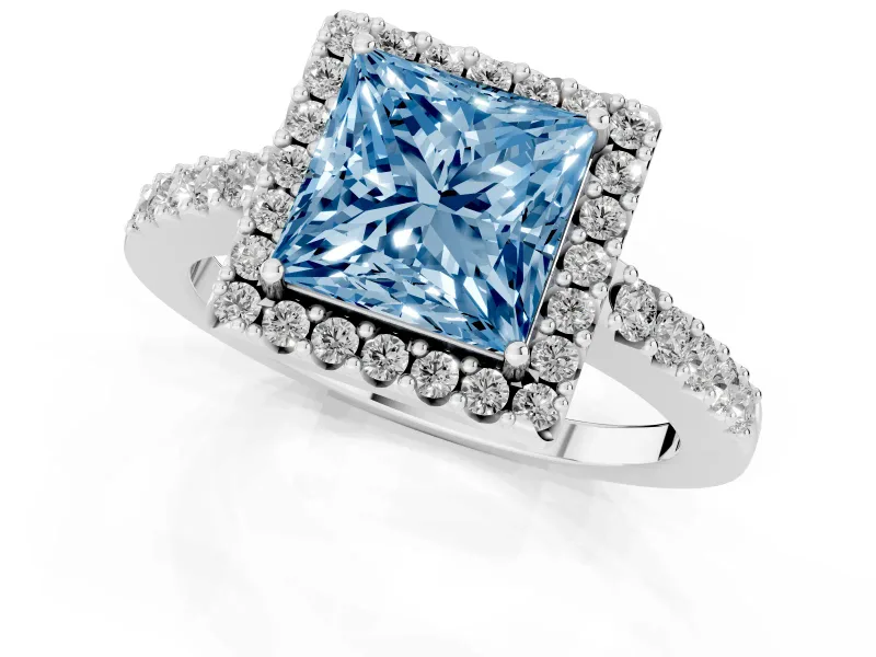 Fancy Blue Princess Cut Diamond Halo Pavé Solitaire Ring Set in Platinum with Prong-Set Center Stone