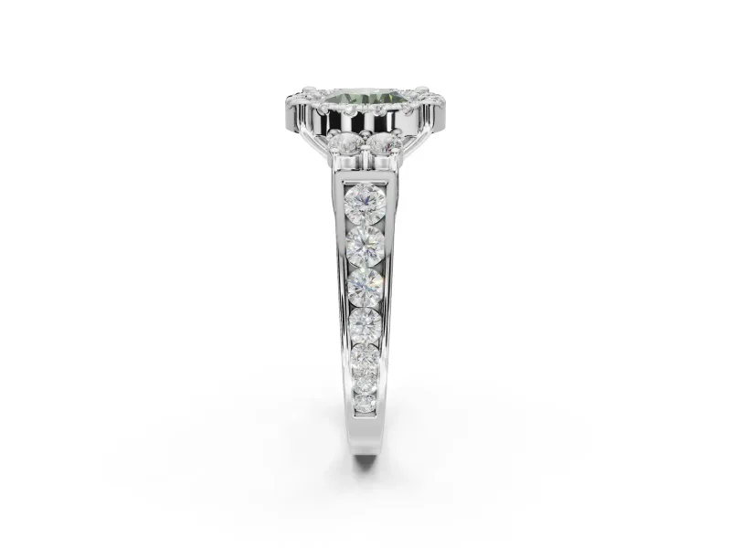 Round Halo Engagement Ring Setting for a Fancy Green Lab-Grown Diamond | Side Clusters | Platinum