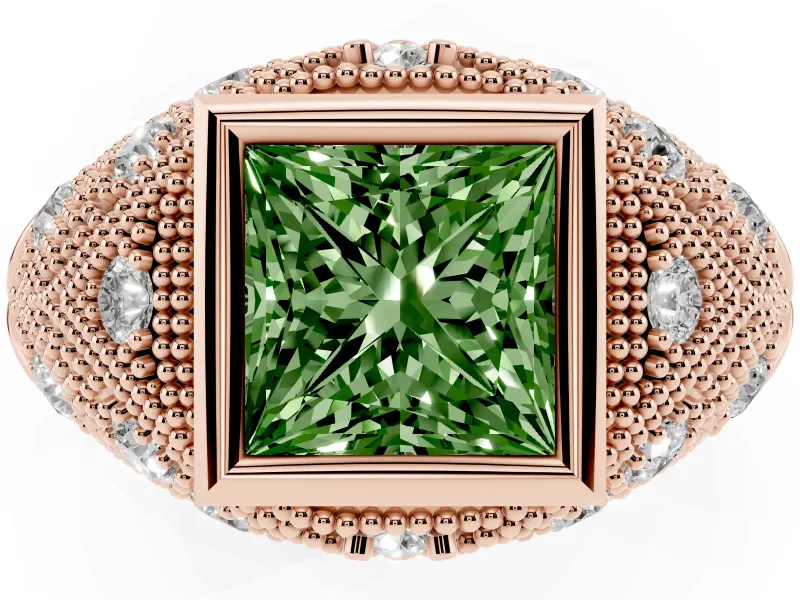Fancy Green Princess Cut Diamond Bezel Ring Set in Rose gold with Milgrain Accent Band