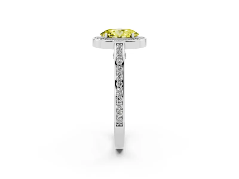 Fancy Yellow Oval Cut Diamond Halo Pavé Split Shank Ring Set in Silver with Prong Setting