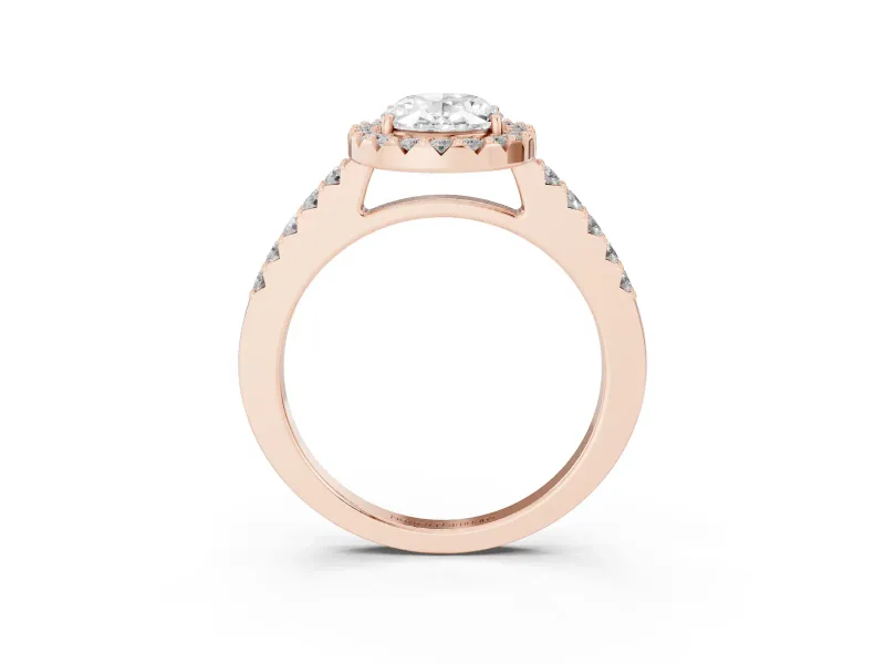 Oval Cut Diamond Halo Pavé Solitaire Ring Set in Rose gold with Prong-Set Center Stone