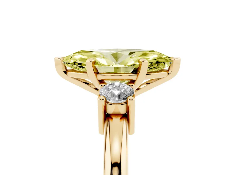 Fancy Yellow Three-Stone Marquise Cut Diamond Ring Set in Yellow gold with Prong Setting and Plain Band