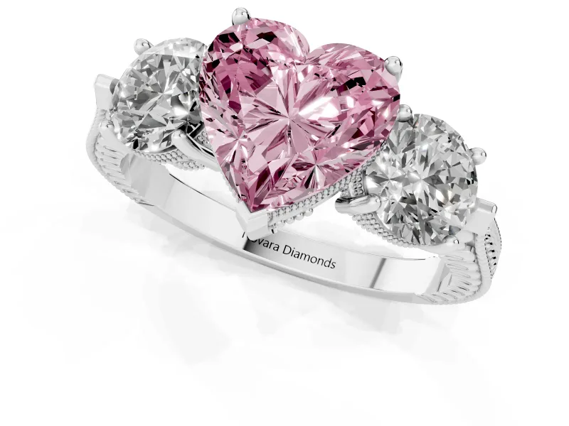 Fancy Pink Heart Cut Diamond Three-Stone Ring Set in White gold with Milgrain Band