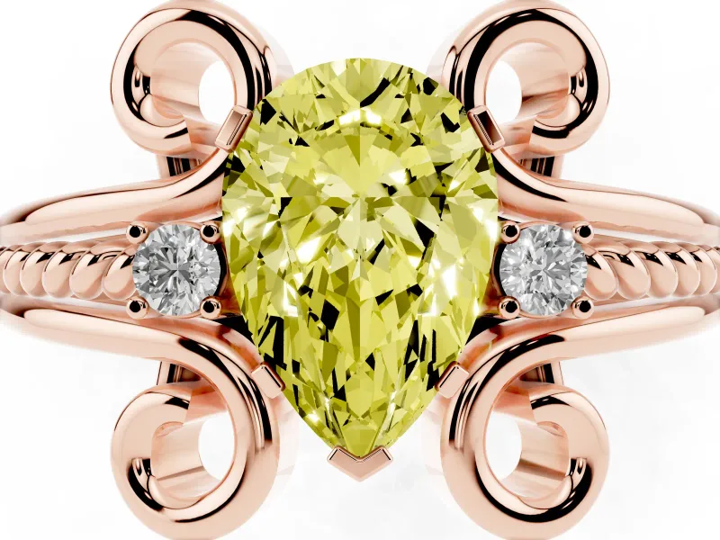 Fancy Yellow Pear Cut Diamond Twisted Band Solitaire Ring Set in Rose gold with Scroll Prongs