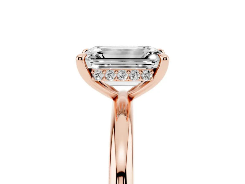 Emerald Cut Hidden Halo Engagement Ring Setting | Thin Plain Band | Rose Gold