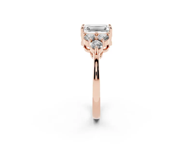 Emerald Cut Cluster Side Stone Engagement Ring Setting | Plain Band | Rose Gold