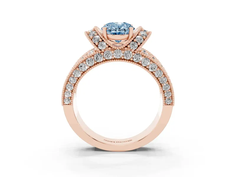 Oval Vintage Milgrain Pave Engagement Ring Setting for a Fancy Blue Lab-Grown Diamond | Crescent Side Rows | Rose Gold