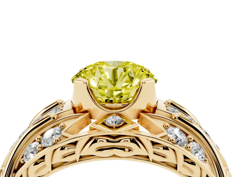 Round Art Deco Graduated Engagement Ring Setting for a Fancy Yellow Lab-Grown Diamond | Yellow Gold