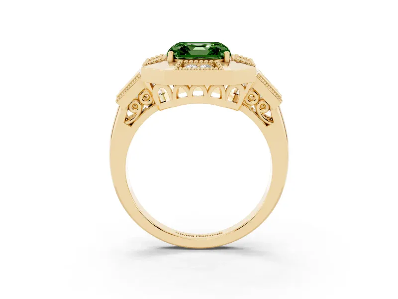 Fancy Green Asscher Cut Diamond Milgrain Halo Ring Set in Yellow gold with Split Shank