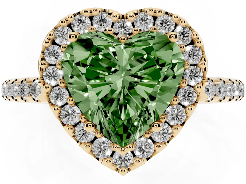 Heart-Shaped Pave Halo Engagement Ring Setting for a Fancy Green Lab-Grown Diamond | Pave Band | Yellow Gold