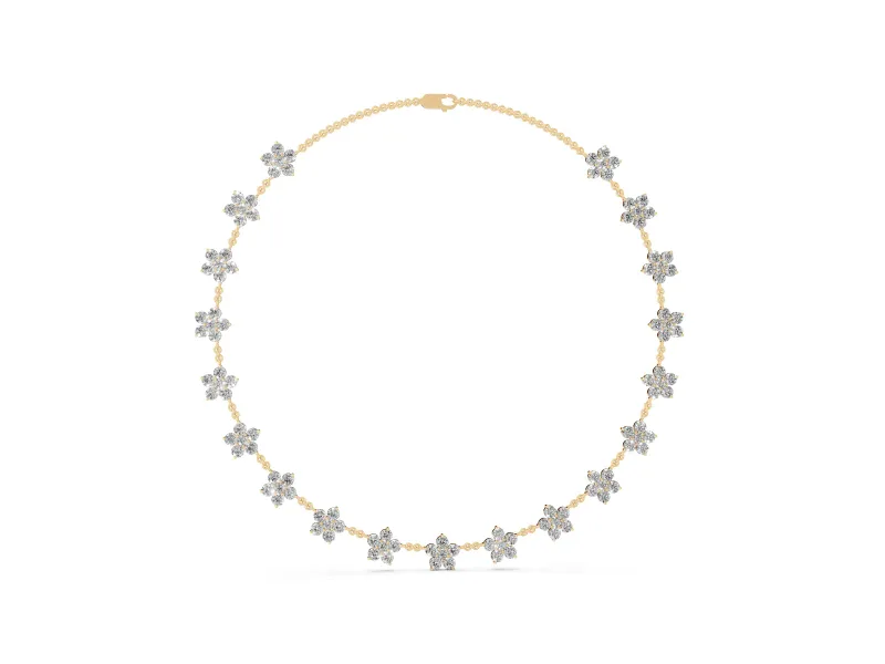 Round Lab-Grown Diamond Floral Cluster Station Necklace | Matching Flowers | Yellow Gold