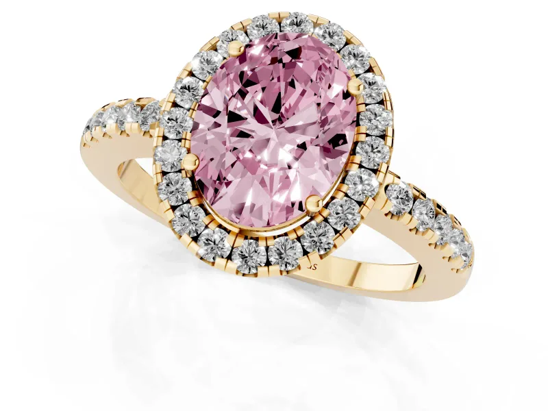 Fancy Pink Oval Cut Diamond Pavé Band Halo Engagement Ring Set in Yellow gold with Prong Setting