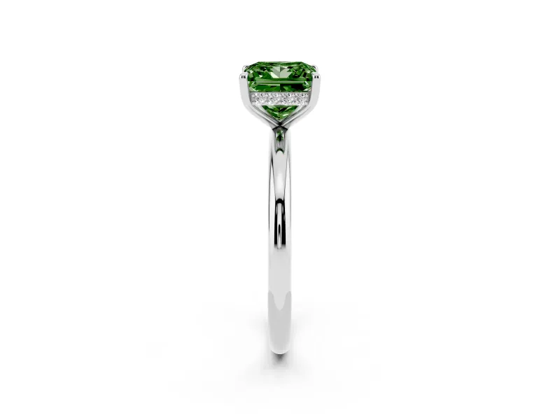 Fancy Green Princess Cut Diamond Solitaire Ring Set in White gold with Thin Band and Prong Setting