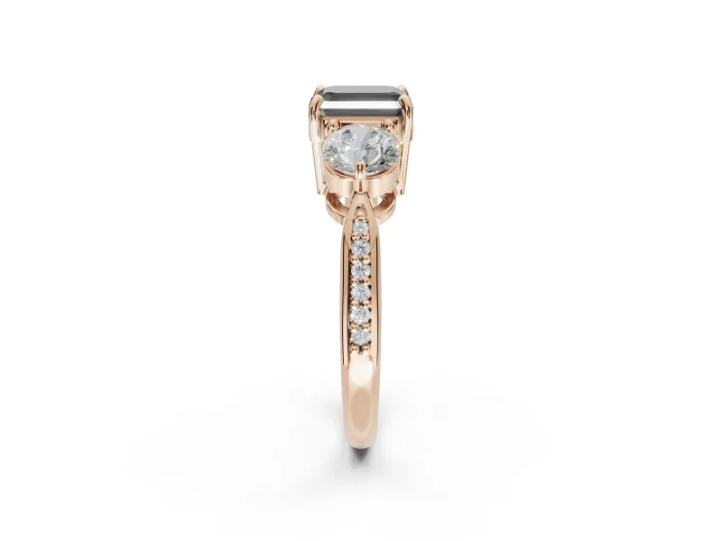 Asscher Cut Three Stone Engagement Ring Setting for a Black Center | Tapered Pavé Band | Rose Gold
