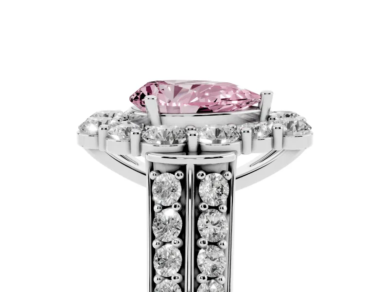 Fancy Pink Pear Cut Diamond Halo Engagement Ring Set in Silver with Split Shank and Prong Setting