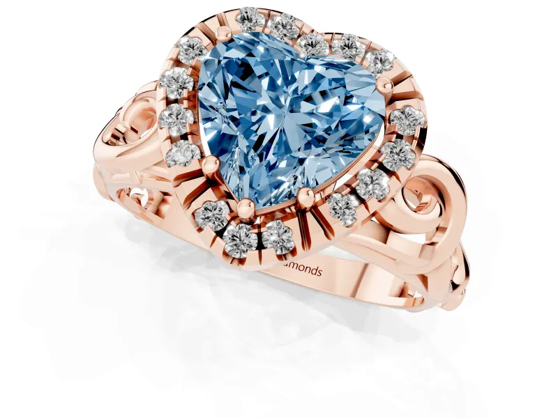 Fancy Blue Heart Cut Diamond Halo Ring Set in Rose gold with Scrollwork Band and Prong Setting