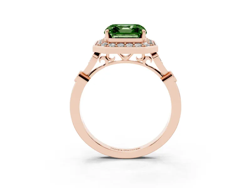 Asscher Cut Halo Engagement Ring Setting for a Fancy Green Lab-Grown Diamond | Bezel Station Shoulders | Rose Gold