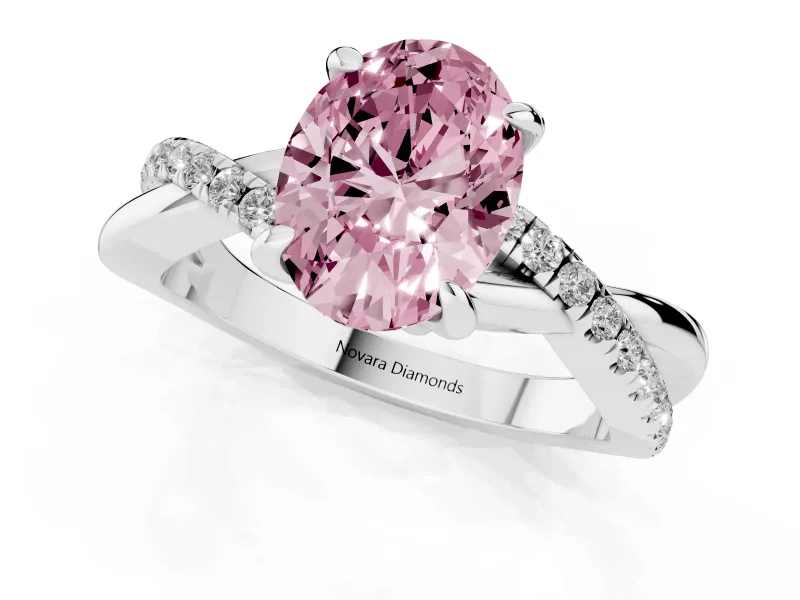 Fancy Pink Oval Cut Diamond Twist Band Solitaire Set in White gold with Pavé Accents and Prong Setting