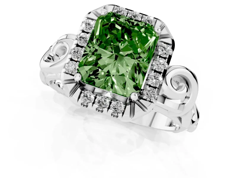 Fancy Green Radiant Cut Diamond Halo Ring Set in Silver with Scrollwork Band and Prong Setting