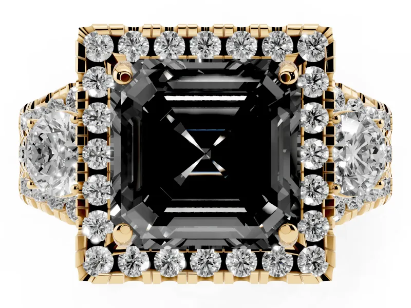 Asscher Cut Halo Split Shank Engagement Ring Setting for a Black Center | Yellow Gold