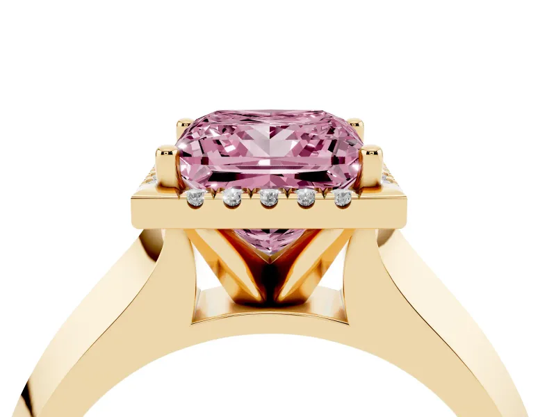 Fancy Pink Princess Cut Diamond Halo Ring Set in Yellow gold with Cathedral Band and Prong Setting