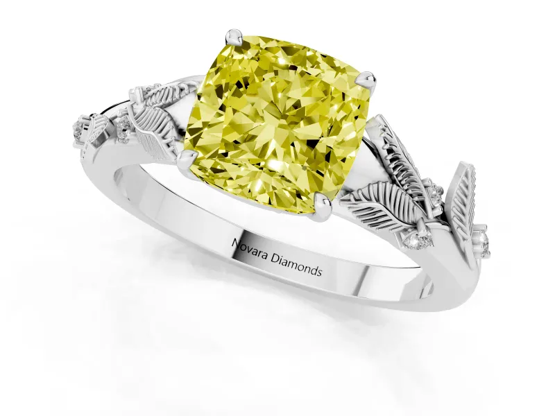 Cushion Cut Leaf Solitaire Engagement Ring Setting for a Fancy Yellow Lab-Grown Diamond | Sterling Silver