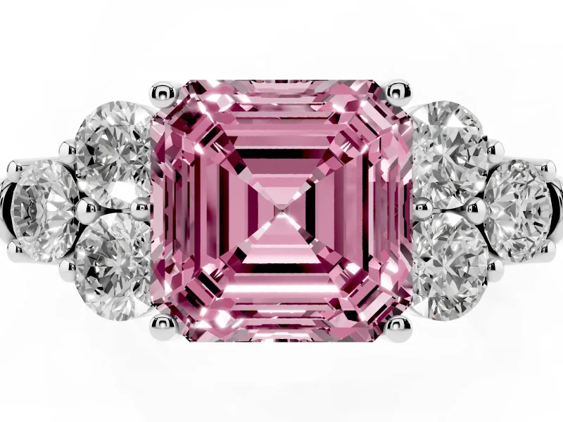 Fancy Pink Asscher Cut Diamond Cluster Ring Set in Platinum with Round Accent Stones and Prong Setting on a Plain Band