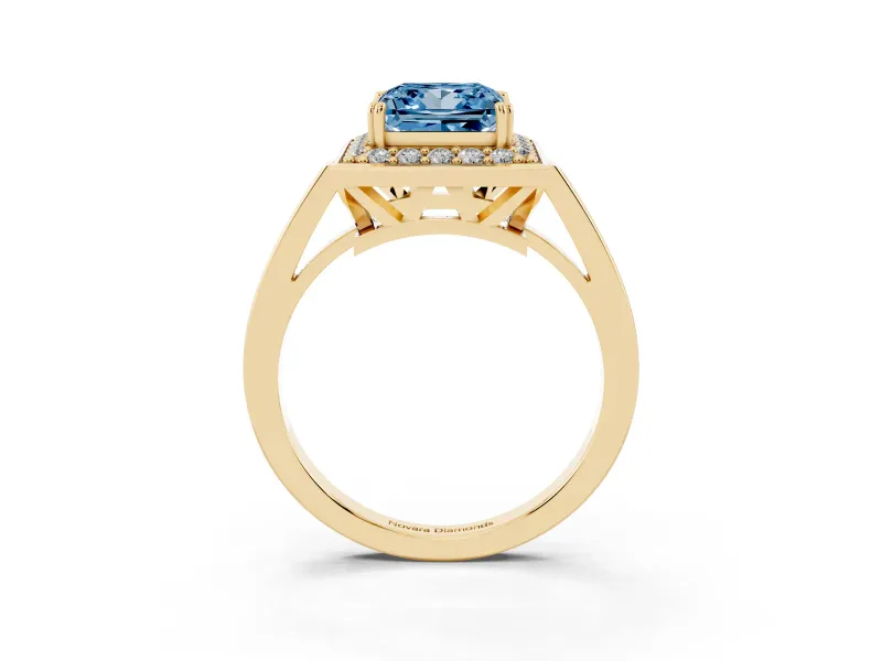 Princess Cut Halo Engagement Ring Setting for a Fancy Blue Lab-Grown Diamond | Polished Halo Rim | Yellow Gold