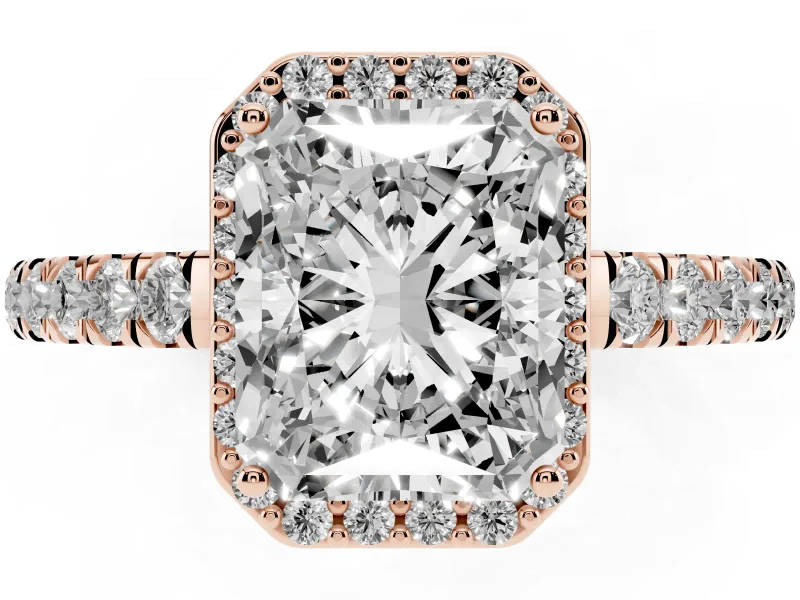 Radiant Cut Halo Pavé Engagement Ring Setting | Single Row Shoulders | Rose Gold