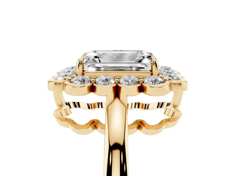 Emerald Cut Scalloped Cluster Halo Engagement Ring Setting | Plain Band | Yellow Gold