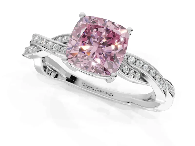 Cushion Cut Twisted Pavé Solitaire Engagement Ring Setting for a Fancy Pink Lab-Grown Diamond | Open Basket | White Gold