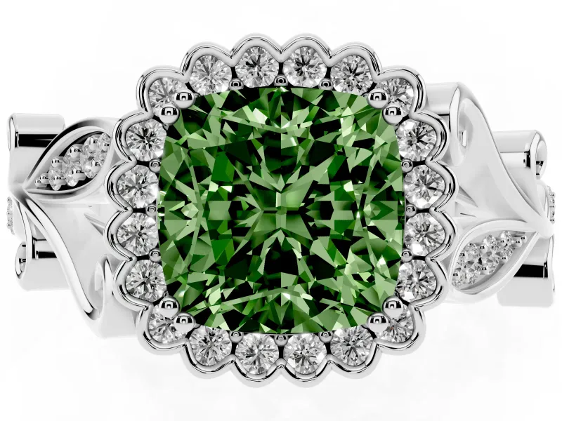 Cushion Cut Leaf Halo Engagement Ring Setting for a Fancy Green Lab-Grown Diamond | Sterling Silver