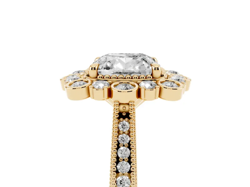 Cushion Cut Vintage Scalloped Halo Engagement Ring Setting | Milgrain Pavé Band | Yellow Gold