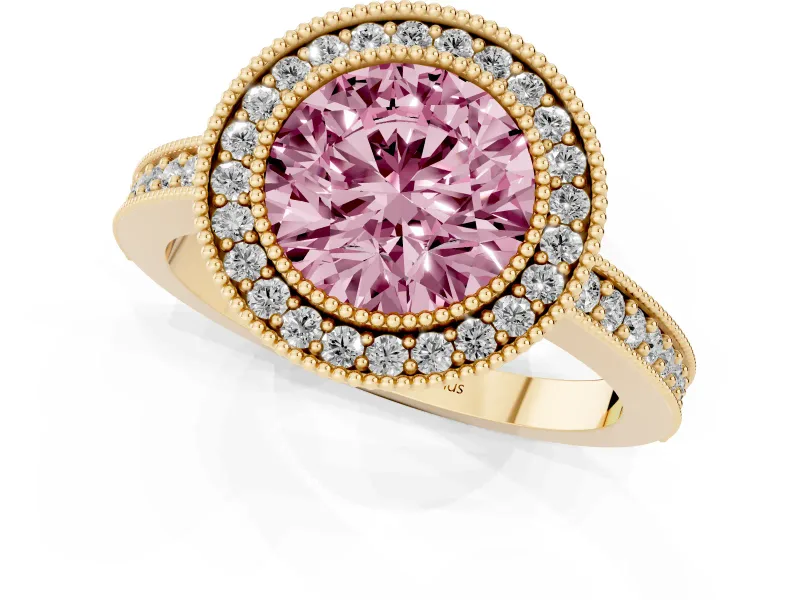 Fancy Pink Round Cut Diamond Halo Engagement Ring Set in Yellow gold with Pavé Band and Round Halo Stones