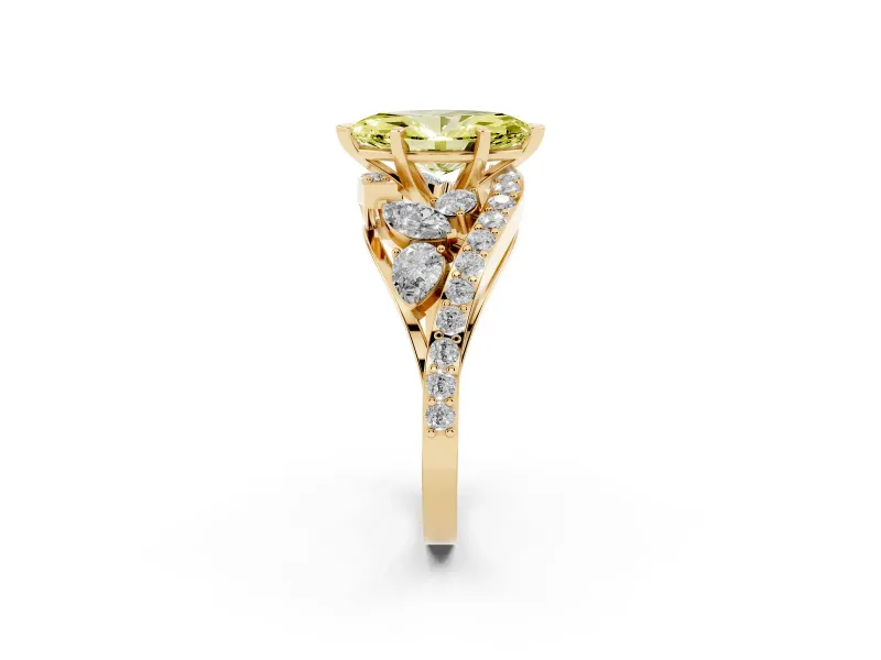 Fancy Yellow Marquise Cut Diamond Halo Ring Set in Yellow gold with Marquise and Pavé Band in Prong Setting