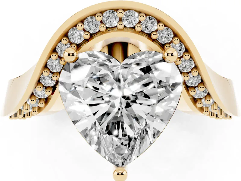 Heart-Shaped Bypass Solitaire Engagement Ring Setting | Pavé Ribbon | Yellow Gold