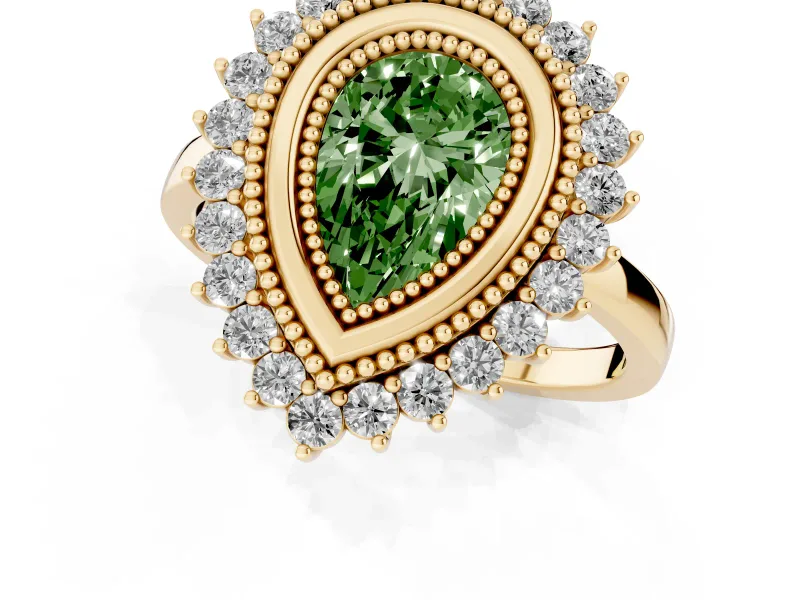 Pear-Shaped Bezel Halo Engagement Ring Setting for a Fancy Green Lab-Grown Diamond | Yellow Gold
