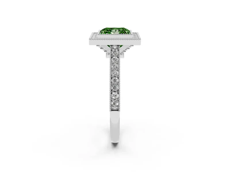 Princess Cut Vintage Milgrain Halo Engagement Ring Setting for a Fancy Green Lab-Grown Diamond | Bezel Head | White Gold