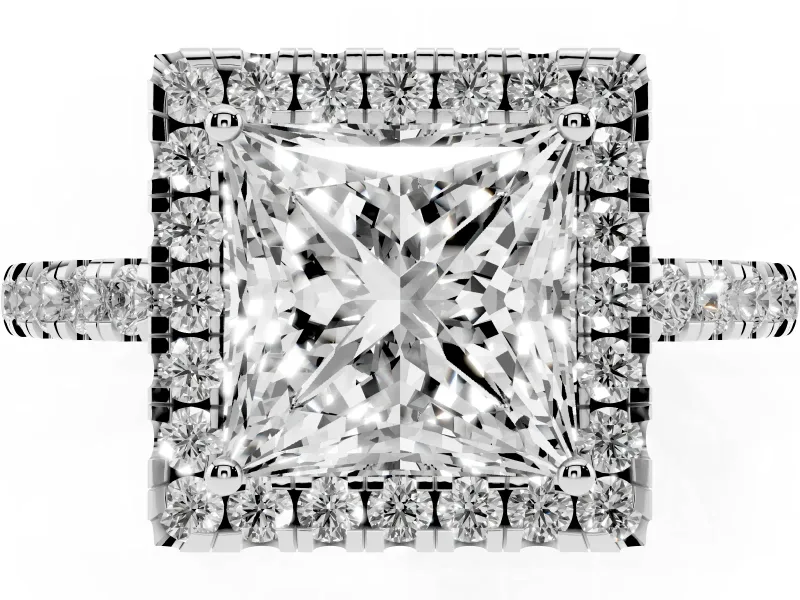 Princess Cut Diamond Pavé Band Halo Engagement Ring Set in Platinum with Prong Setting