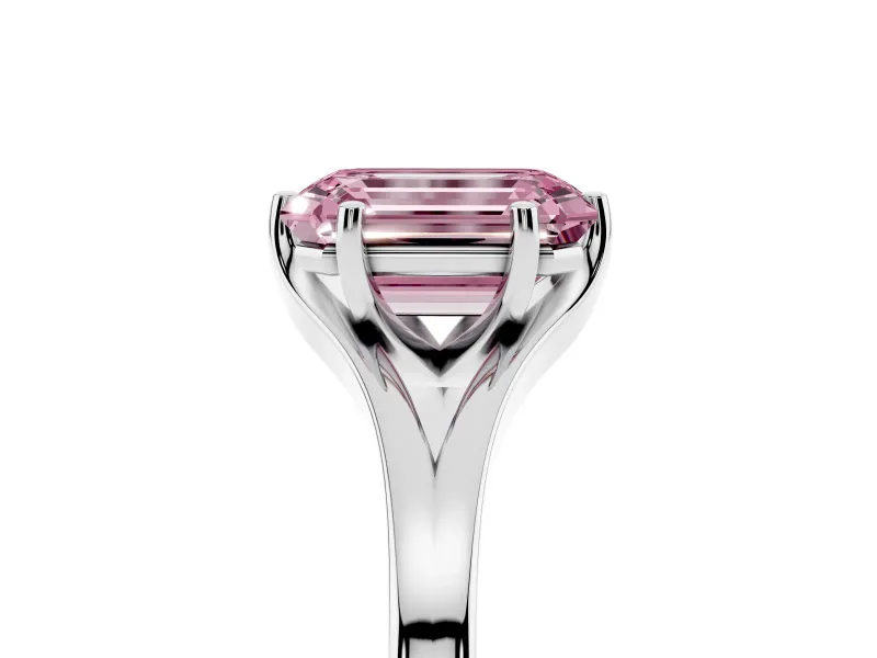 Fancy Pink Emerald Cut Diamond Solitaire Ring Set in Platinum with Polished Tapered Band and Prong Setting