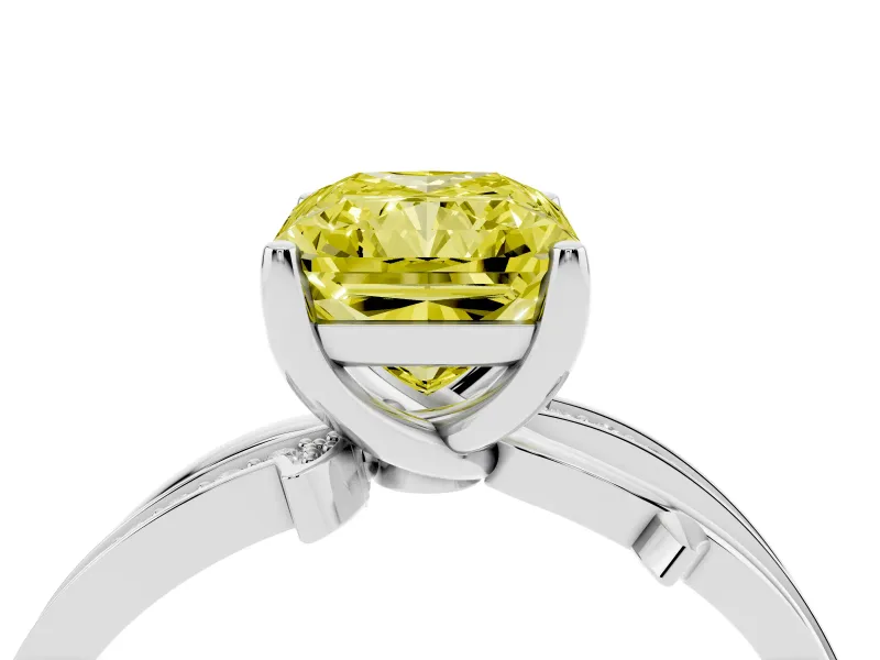 Fancy Yellow Radiant Cut Diamond Pavé Twist Band Solitaire Ring Set in Platinum with Prong Setting