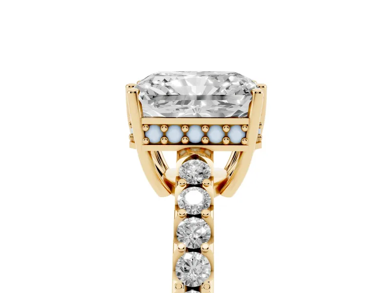 Radiant Cut Hidden Halo Solitaire Engagement Ring Setting | Shared Prong Band | Yellow Gold