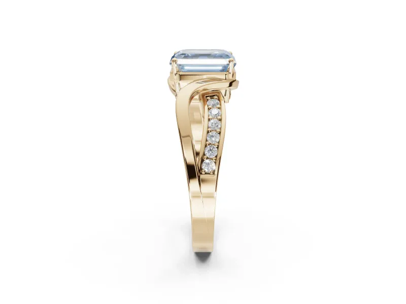 Asscher Cut Bypass Solitaire Engagement Ring Setting for a Fancy Blue Lab-Grown Diamond | Pavé Strands | Yellow Gold